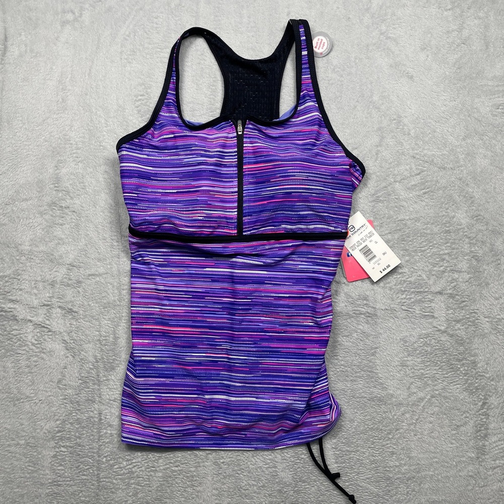 Free Country Tankini Top Women XL Purple Stripe Zip Front Racerback NEW